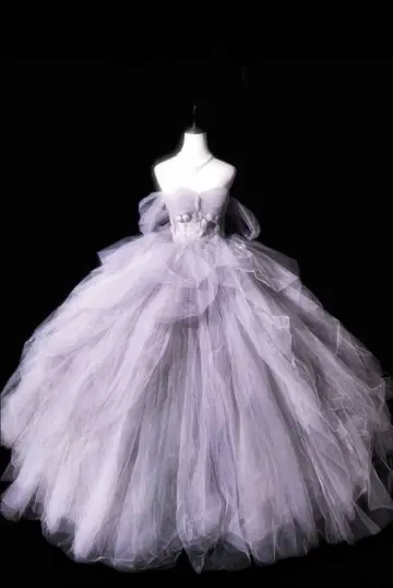 Light gray strapless, fitted waist, full skirt, long ball gown R8678