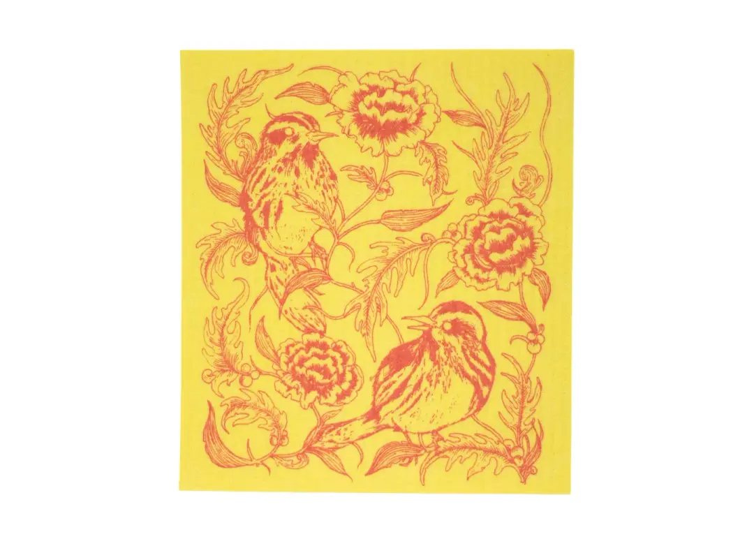 Yellow Bird and Floral Swedish Dishcloth