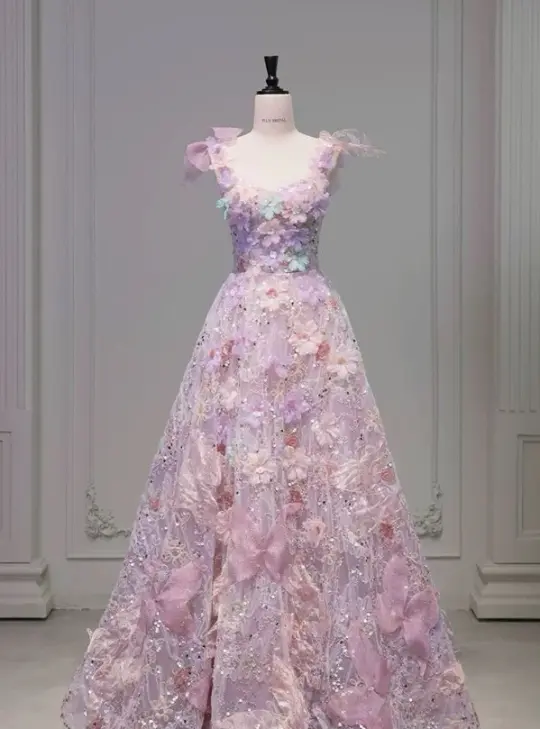 Sparkly Lavender Prom Gown , 3D Floral Romantic Corset Maxi Birthday Dress RS1423