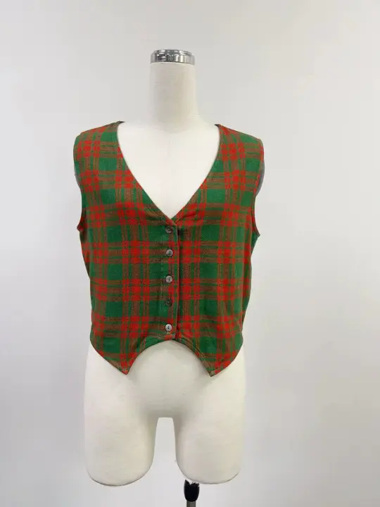 SAMPLE #234 - S Cropped Soft Linen Vest - Christmas Plaid