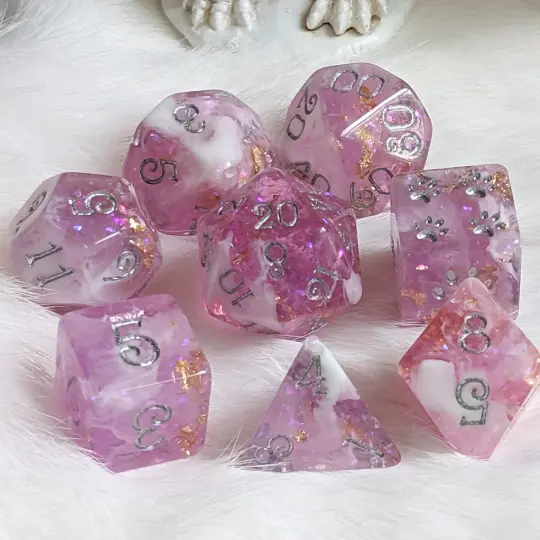 Mauve 8 Piece Dice Set – Clear Pink Purple White Marble Glitter Foil Paw Die