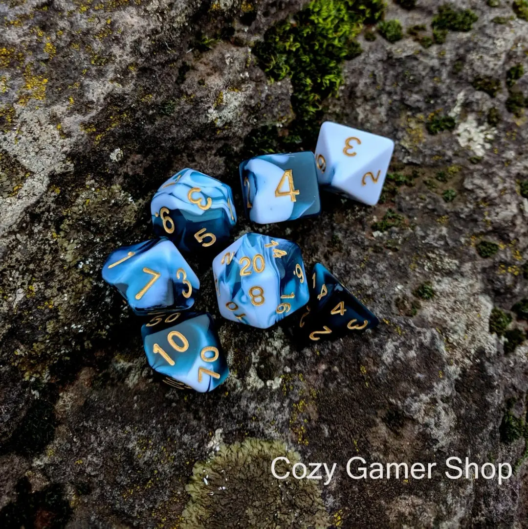 Whirlpool Dice Set – 7-Piece Blue White Marbled Ocean Waves Polyhedral DnD