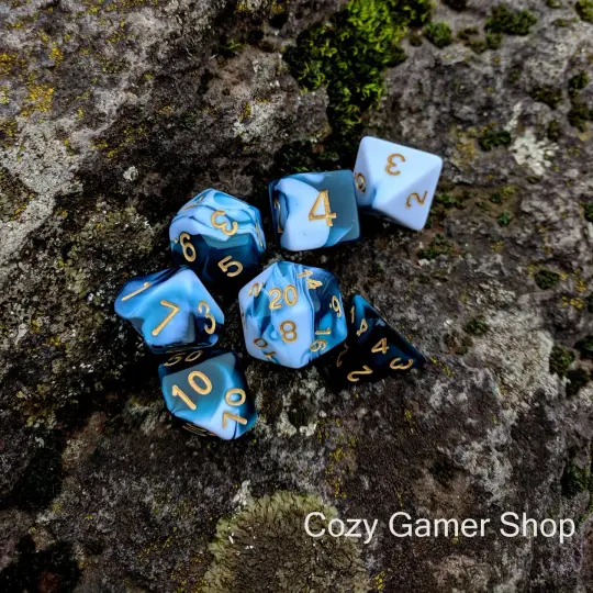 Whirlpool Dice Set – 7-Piece Blue White Marbled Ocean Waves Polyhedral DnD