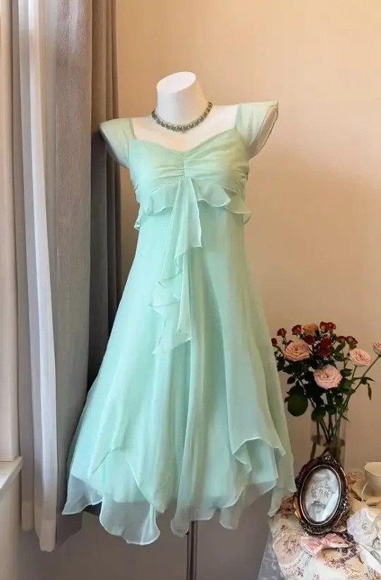Flowy Chiffon Corset Homecoming Dress , Resort Mint Green Mini Summer Dress RS2120