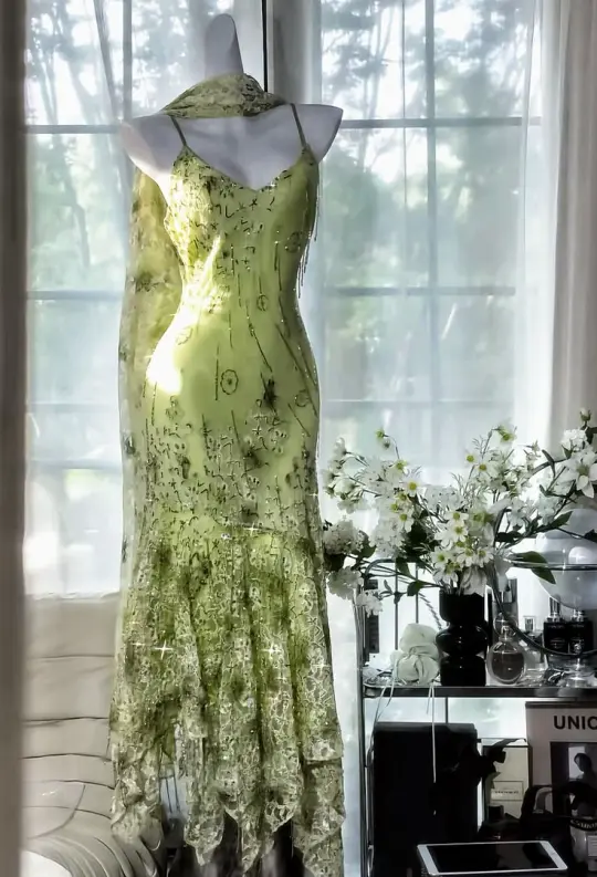 Light green suspender waist slim fit hip-hugging irregular skirt dress, prom dress R5435