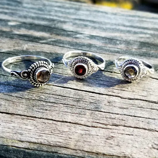 Dorset - Faceted Garnet, Smoky Topaz, or Blue Topaz Rings in Sterling Silver