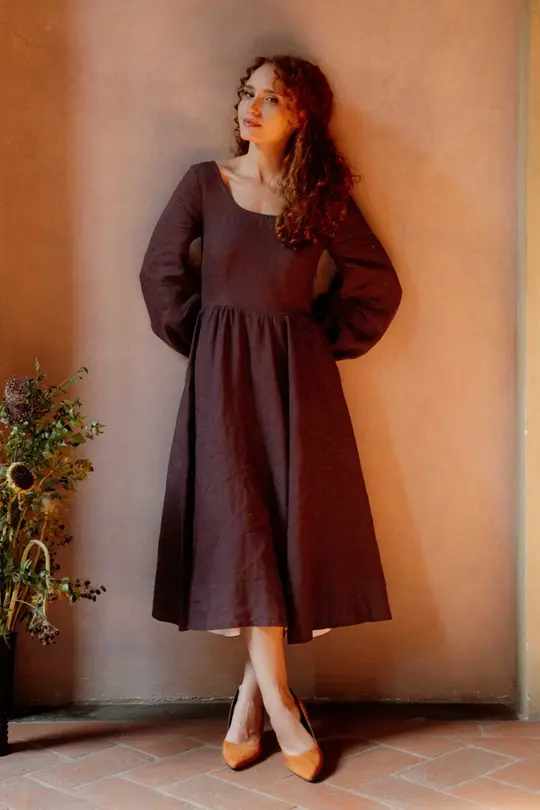 Carmen – Linen Midi Dress with Long Sleeves