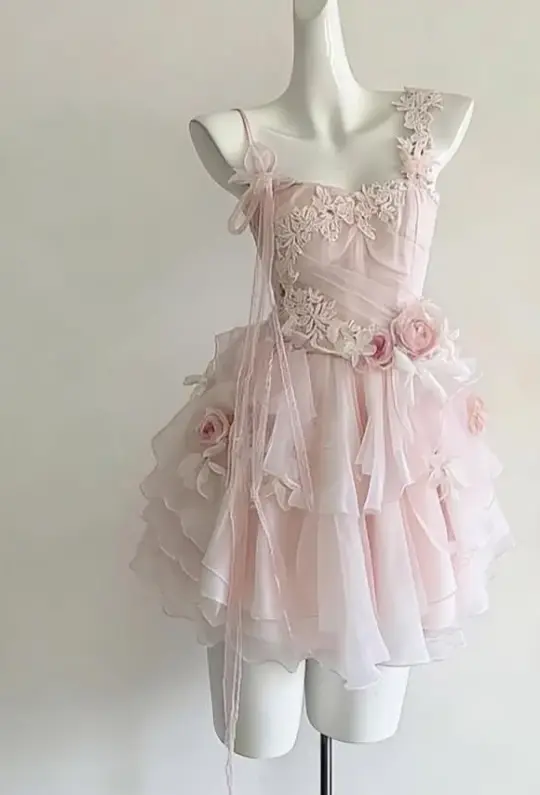 Sweet Blush Pink A-Line Spaghetti Straps Applique Corset Mini Birthday Dress Homecoming Dress RS617
