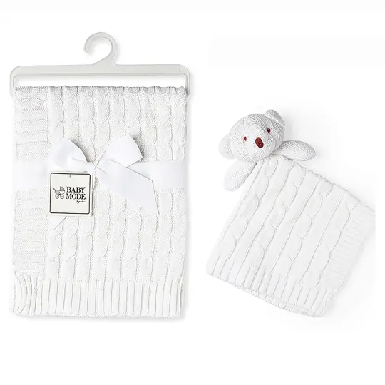 Baby Mode Signature Baby Cable Knit Baby Blanket Gift Set, White