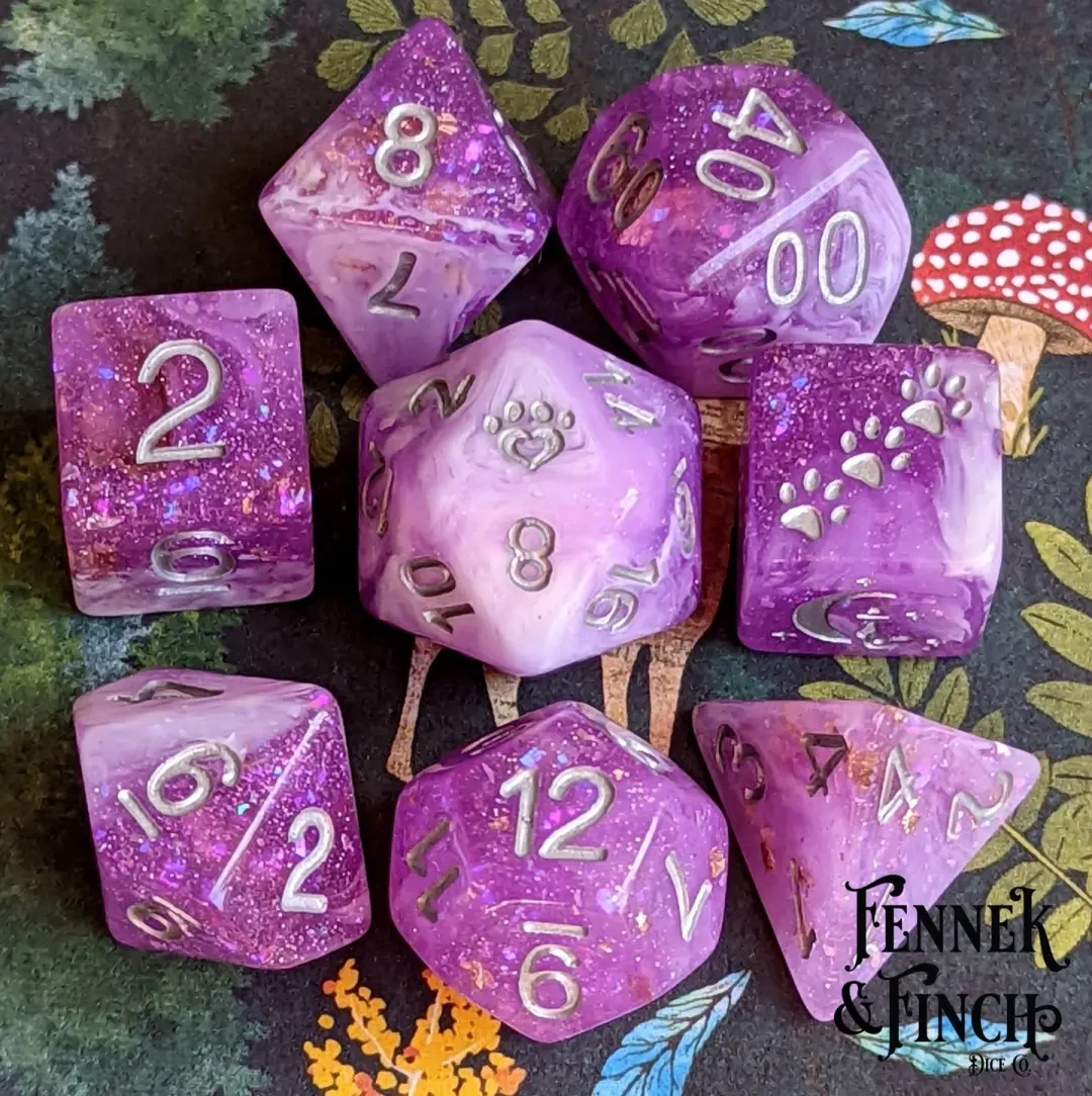 Iris 8 Piece Dice Set – Clear Purple White Marble Glitter Foil Cat Wizard Paw