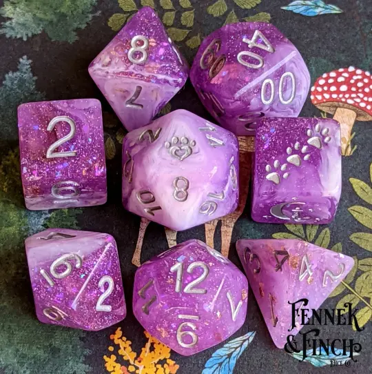 Iris 8 Piece Dice Set – Clear Purple White Marble Glitter Foil Cat Wizard Paw