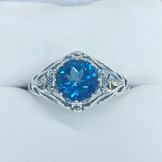 Natural London Blue Topaz Ring, Size 8, Daisy Filigree Victorian Jewelry #D66 - Ready to Ship