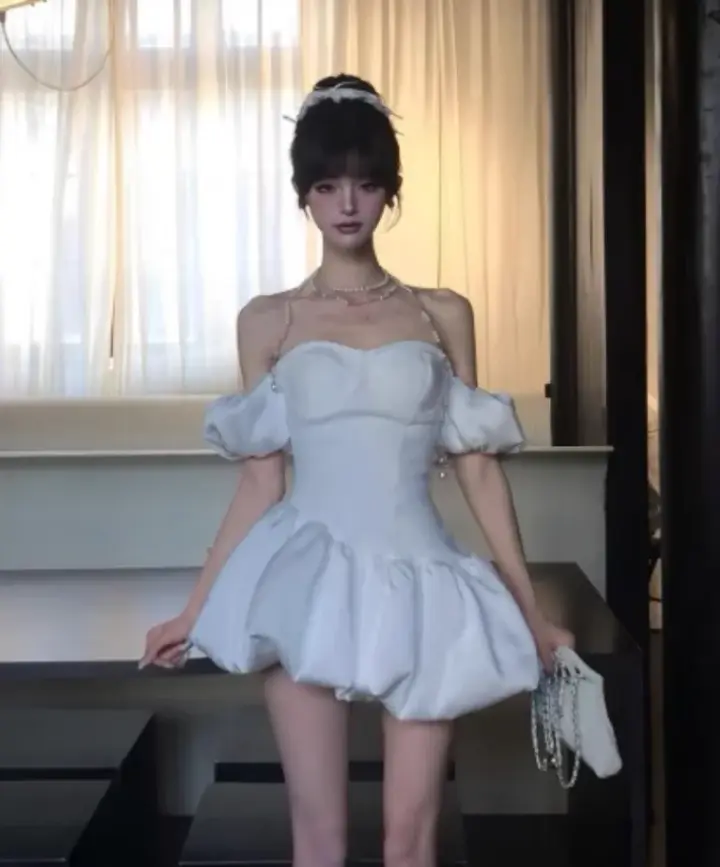 Satin puffy skirt French temperament pure desire style dress retro one shoulder white strapless short skirt homecoming dress R2999