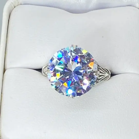 White CZ Ring, Size 9.5, Round Gem, Victorian Filigree Jewelry #D52- Ready to Ship