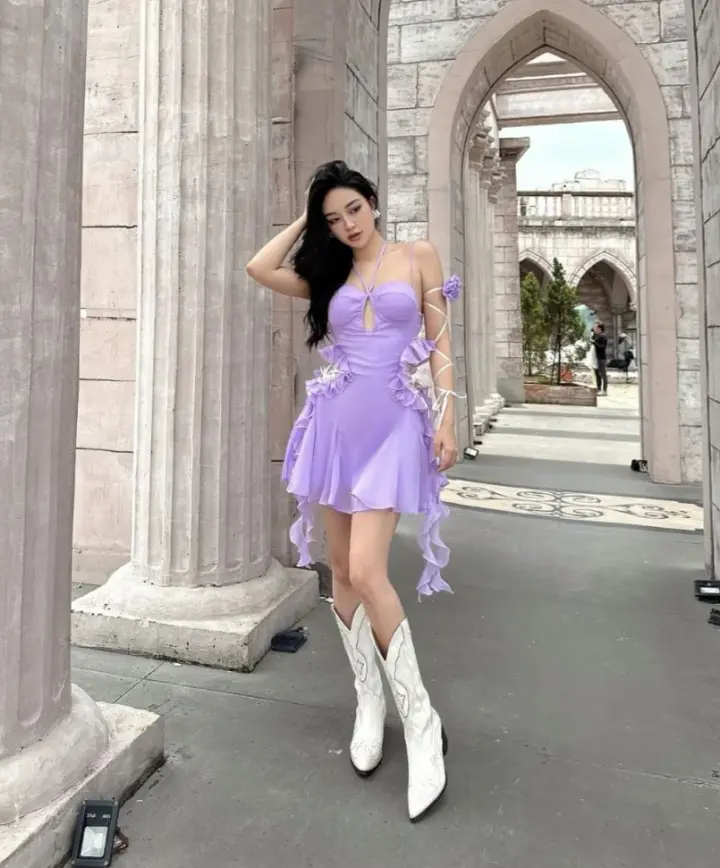 Purple halter neck tube top waist revealing sexy short skirt homecoming dress R3699