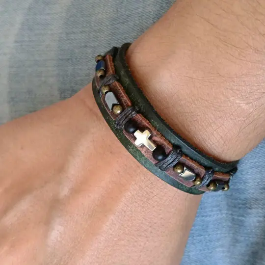 Men’s Leather Bracelet with Hematite Cross & Onyx | Adjustable