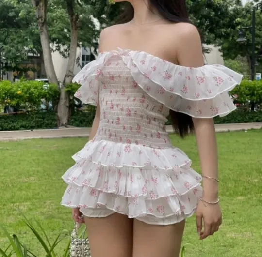 White one-shoulder short skirt sexy pink floral waist cake skirt short skirt homecoming dress R4089