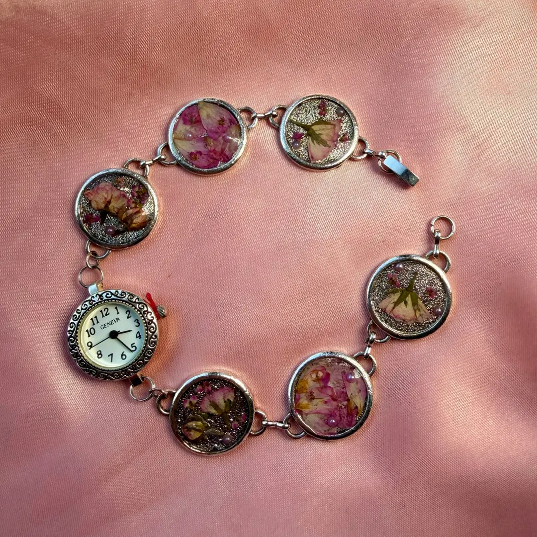 Ruby - Silver Real Flower Watch Bracelet