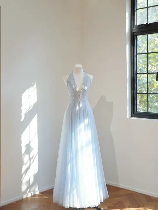 Light blue halter neck fitted waist long ball gown R8448