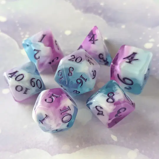Vale of Dreams Dice Set – 7 or 11-Piece Blue Purple Marbled DnD Dice | Fennek & Finch