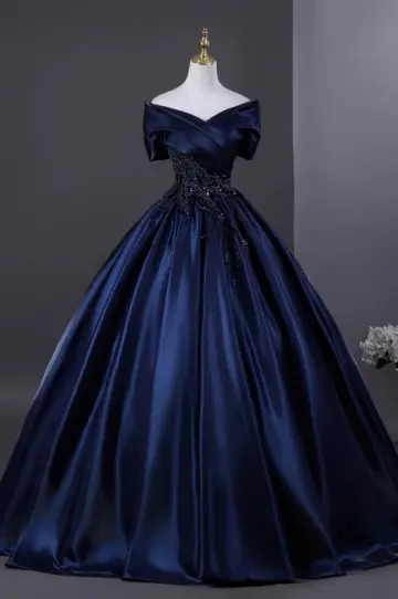 Elegant Navy A-Line Portrait Maxi Prom Dress Evening Dress RS457