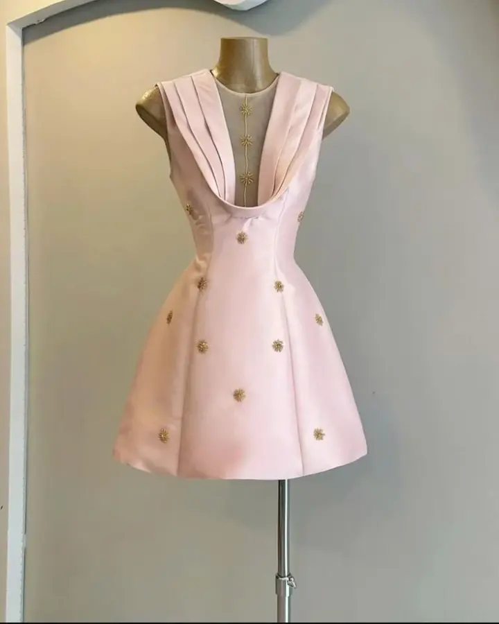 Pink deep V neckline design waist slimming A-line short skirt homecoming dress R3935