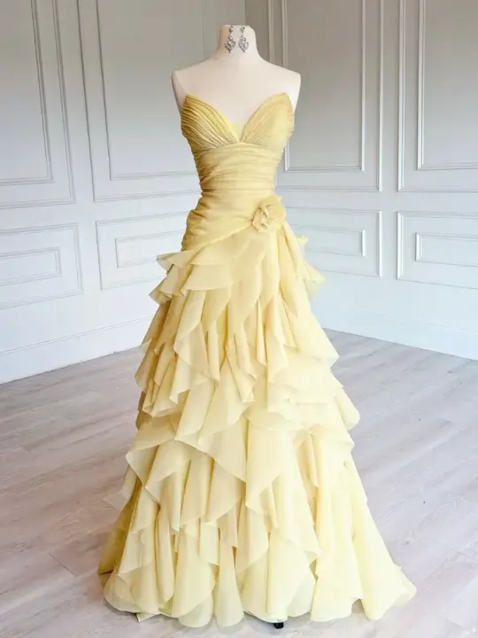Flowy Pleated Prom Gown Pastal Yellow Women's Corset Maxi Evening Dress Ball Gown RS2836