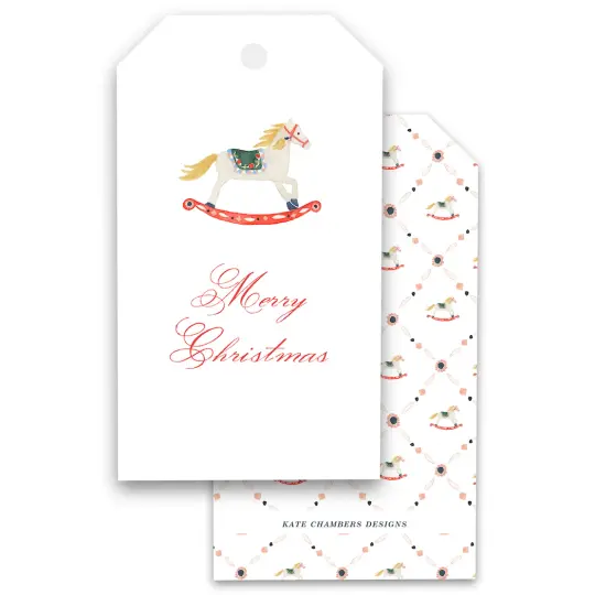 Watercolor Festive Rocking Horse Holiday Gift Tags, Set of 12