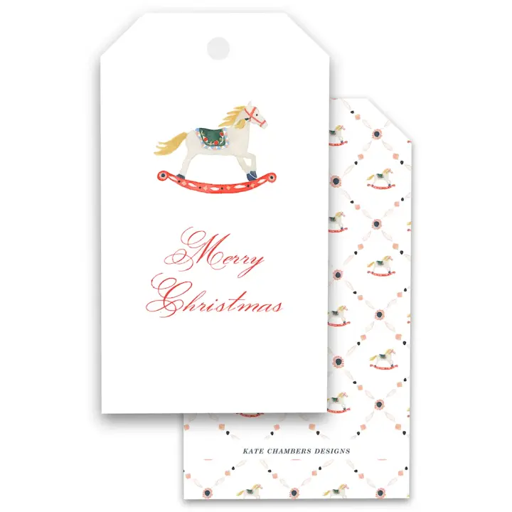 Watercolor Festive Rocking Horse Holiday Gift Tags, Set of 12