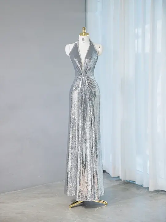 Silver halter-neck, fitted long ball gown/bridal dress R9029