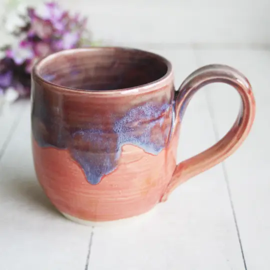Apricot and Purple Mauve Glazed Pottery Mug, Made in USA 13 ounce Cup