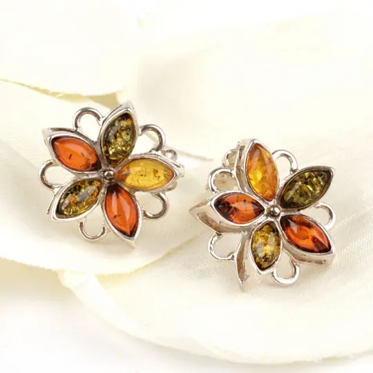 Multicolored Amber Flower Clip On Earrings