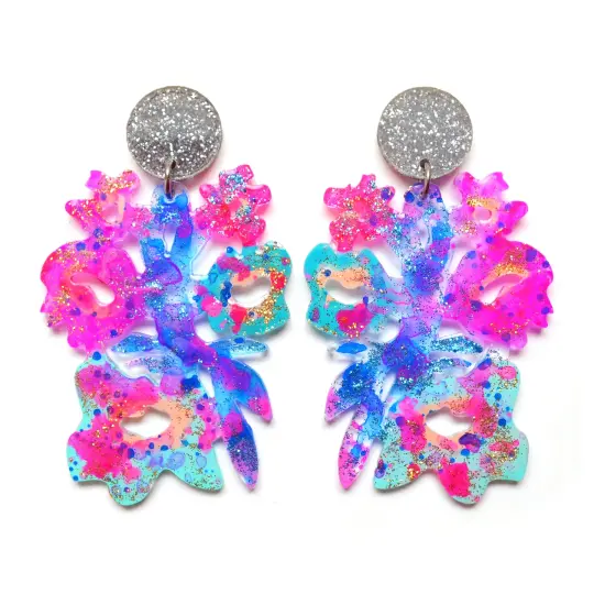 Pink and Blue Laser Cut and Glitter Resin Flower Earrings