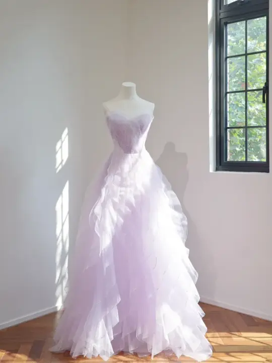 Light purple strapless, fitted waist, full skirt, long ball gown R8461