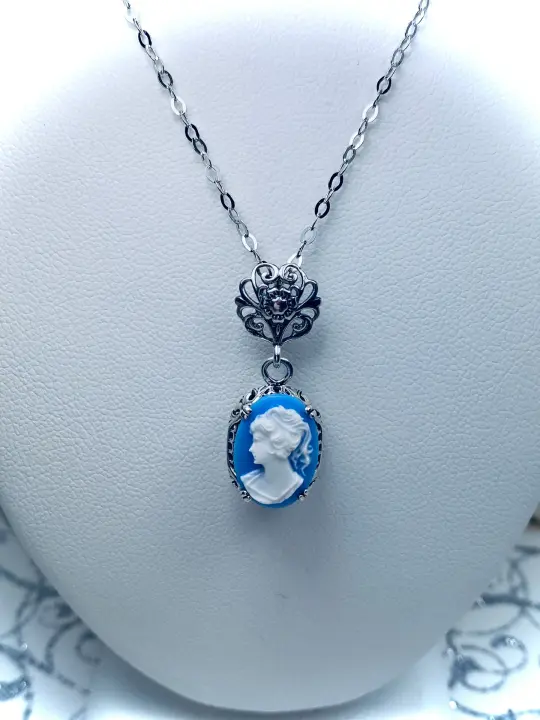 Cameo Pendant, Blue Lady Cameo Edwardian Jewelry #P70