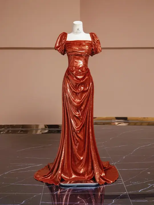 Orange-red square neckline fitted waist long ball gown, bridal dress R8311