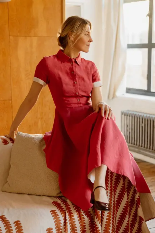 Frida – Short Sleeve Linen Dress with Shirt Collar