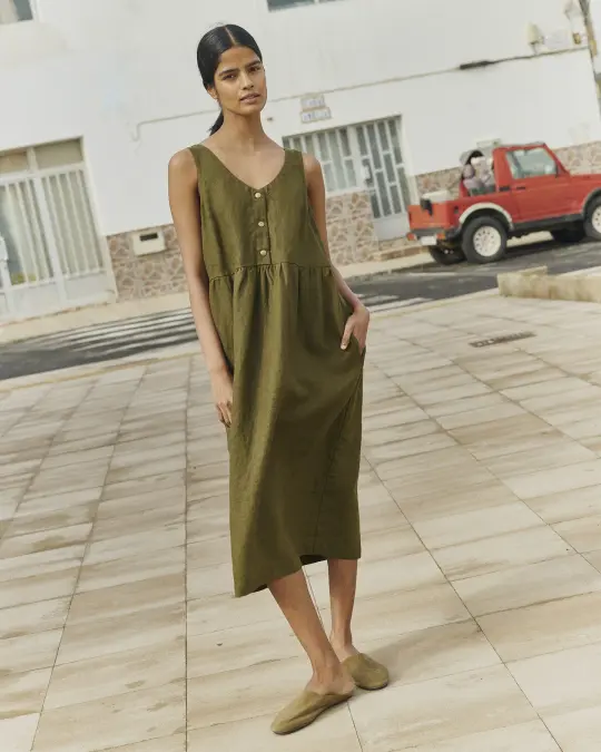 VALLEY front brass snaps linen dress