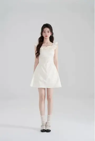 Cream White A-Line Dress, Women's Ruffle Neck Textured Sleeveless Mini Dress R9336