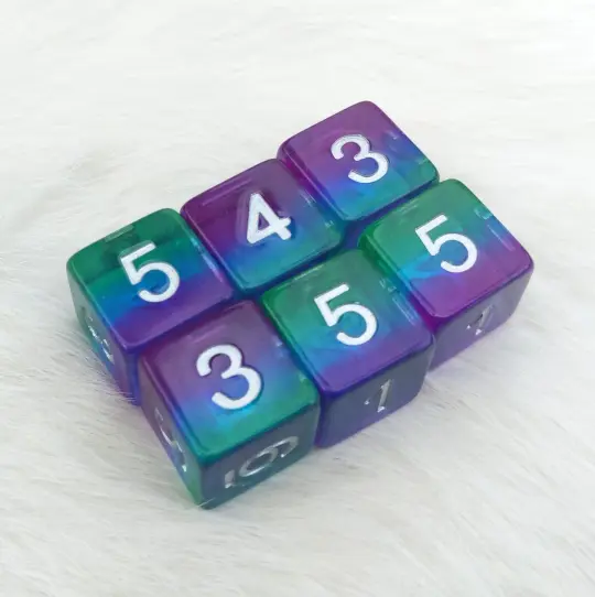 Aurora D6 Set – 6-Piece Green Blue Purple Layered Clear Resin Six-Sided Dice