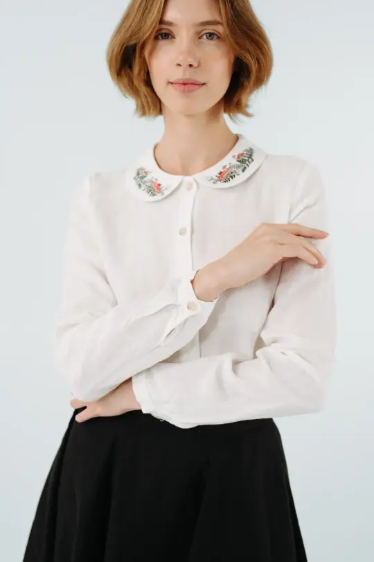 Classic Shirt with Embroidered Collar, Long Sleeve