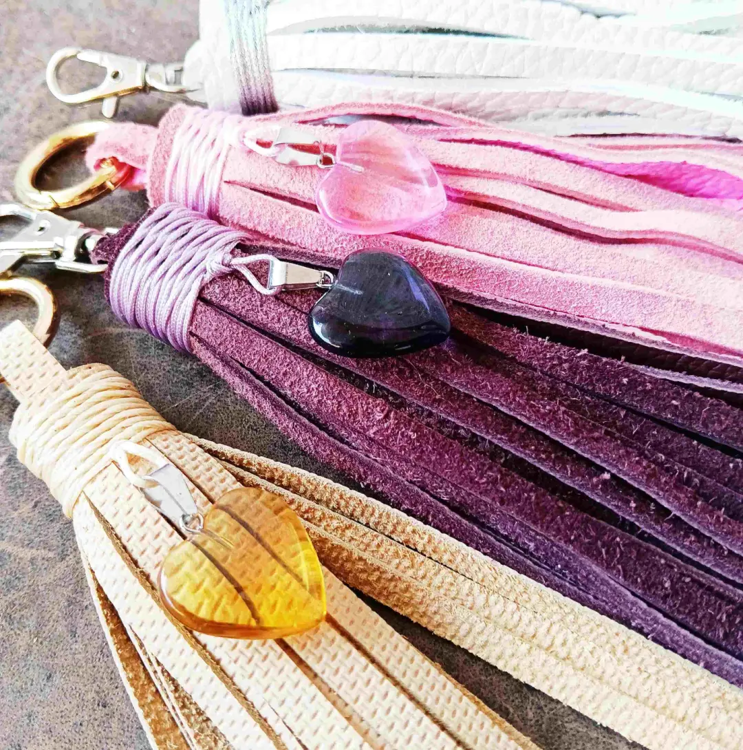 OOAK Leather Tassel & Crystal Heart Bag Charm