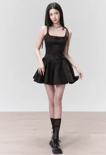 Black Jacquard Satin Cami Dress Women With Bow Detail And Flared Skirt R9407
