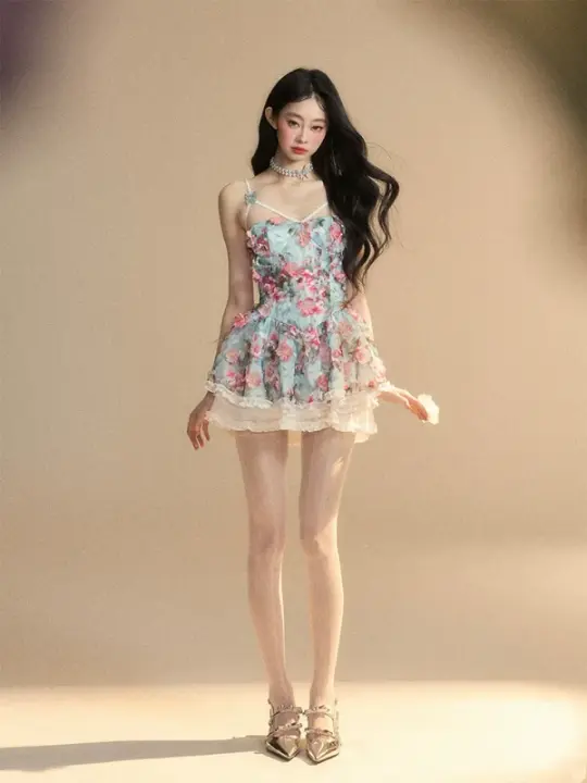 Blue suspenders pink flowers waist A-line mini skirt homecoming dress R5260