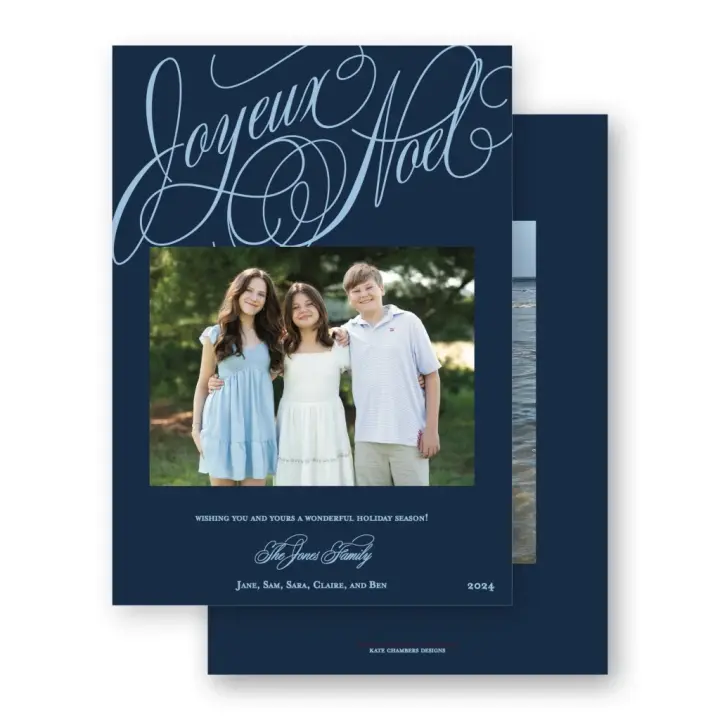 Navy and Blue Script "Joyeux Noel" Portrait Holiday Card