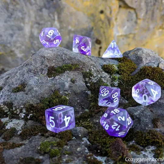 Violiscious Dice Set – 7-Piece Clear Purple Ink Swirls Polyhedral DnD Dice