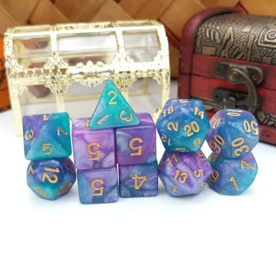Byzantium Dice Set – 11-Piece Marbled Blue Purple Shimmer Acrylic DnD Dice