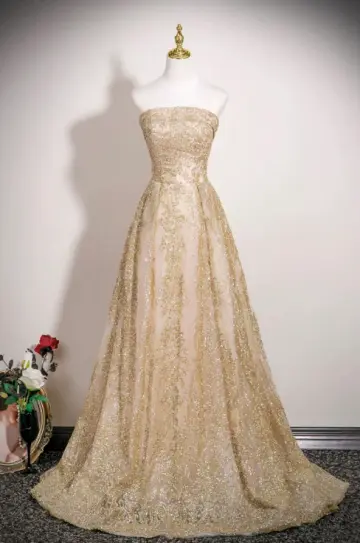 Charming Golden Glitter A-line Strapless Corset Maxi Prom Dress Evening Dress RS501