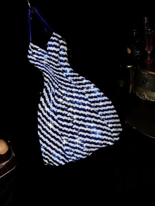 Blue and white striped sequined halter neck sexy short ball gown R6981