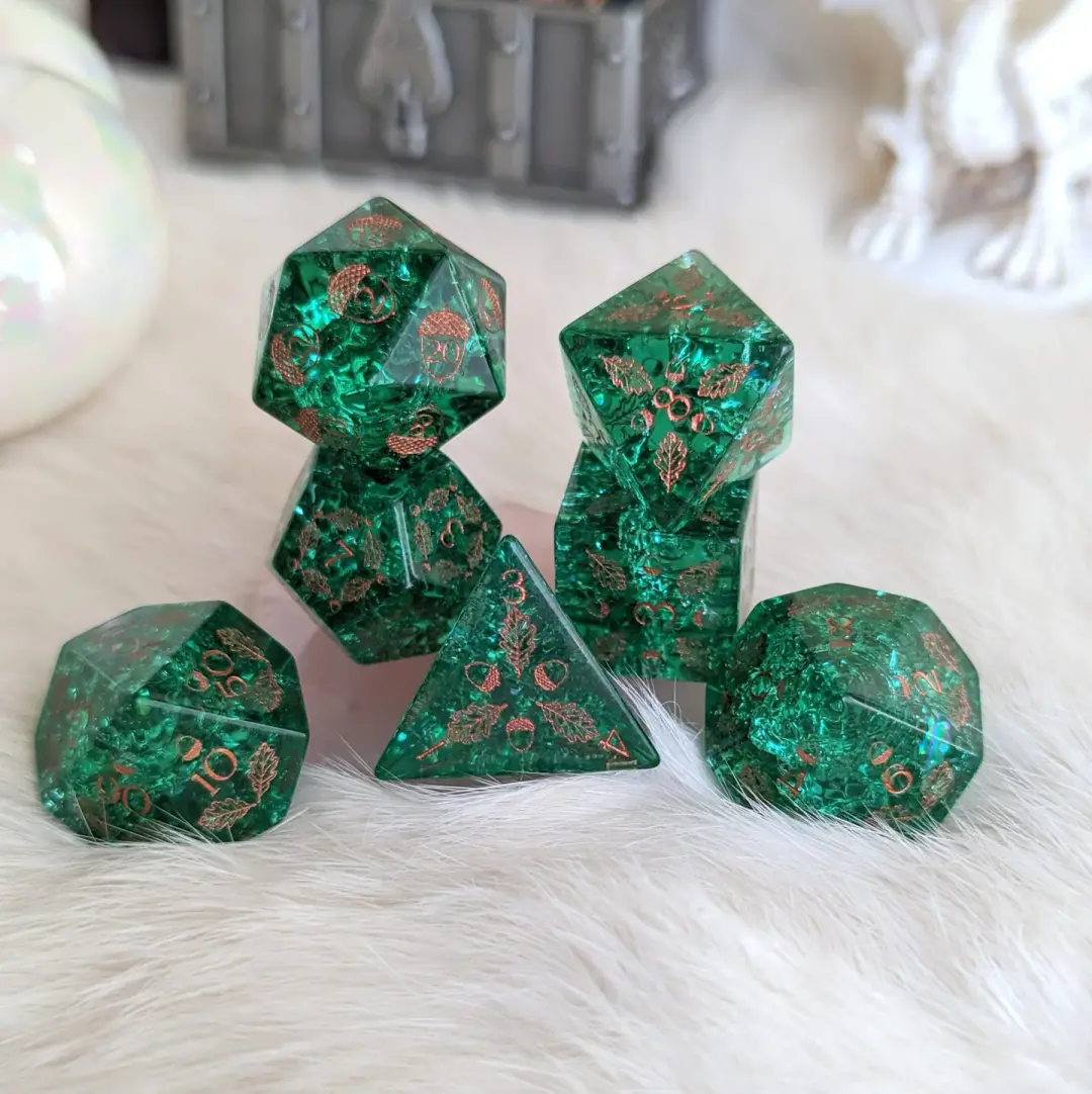 Acorn and Oak Green Lightning Glass Dice Set – Engraved DnD Dice | Fennek & Finch